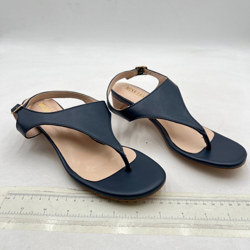 miss left Dark Blue Open Toe Low Heeled Flip Flops Thong Strap Buckles Sandals - Picture 4 of 8
